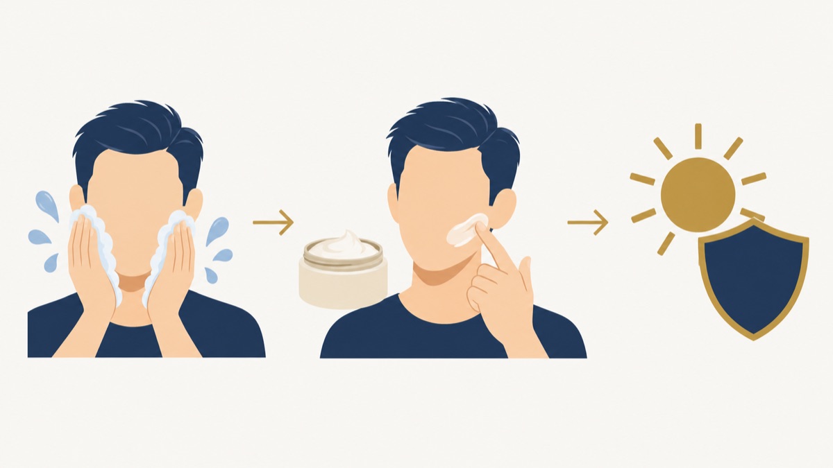 순한 세안, 보습, 자외선 차단을 세 칸으로 나눈 단순 도해